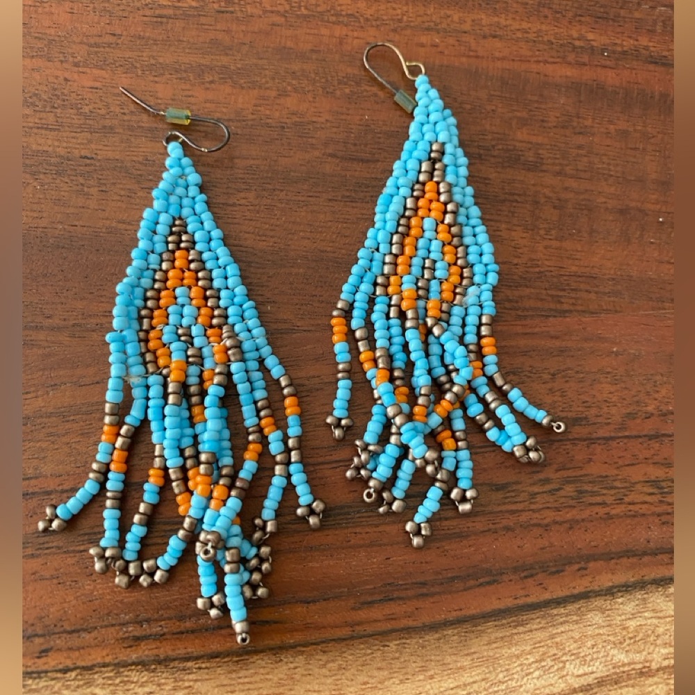 Boho Western Seed Beaded Blue/Orange/Gold Fringe Earrings